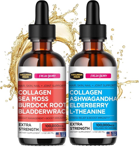 [BRSRO2YOPJYRA2Q6] Collagen Mojo Liquid Collagen Peptides with Sea Moss, Burdock Root & Bladderwrack + Liquid Collagen Peptides with Ashwagandha, Elderberry & L-Theanine