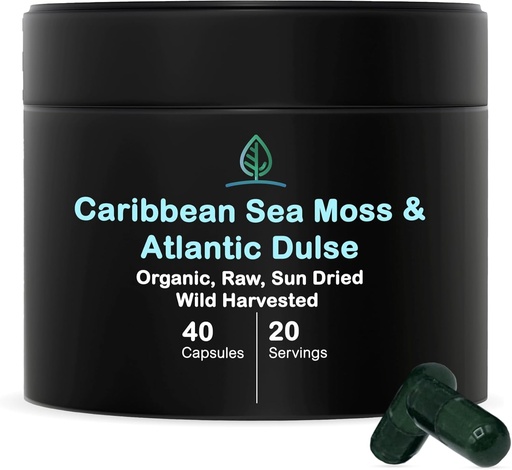 [BRSROZTRB4DR6FDO] Holistic Bin Organic Sea Moss Capsules 100% Pure Caribbean Sea Moss + Dulse Seaweed | Wild Harvested | No Fillers | Rich in Antioxidants, Minerals, and Iodine (40 Capsules)