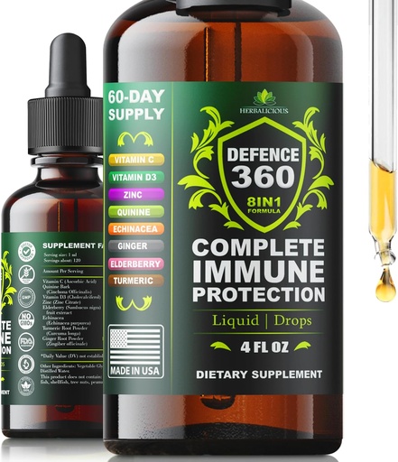 [BRSRAAQHBUGR4EL4] Difesa360 Supporto Immune 8-in-1 Supplemento liquido con vitamina C, D3, Zinco, Elderberry, Echinacea, Turco, Ginger & Quinine – Protezione Immune completa (4 FL OZ)