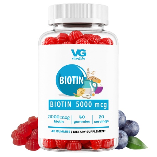 [BRSRAEARAR5BAE3K] VITA GLOBE Biotin Gummies 5,000 mcg – Extra Strength Hair, Skin & Nails Support – Mixed Berry Flavor, Vegan, Non-GMO Gummy Vitamins for Women & Men – 40 Count (Pack of 1)