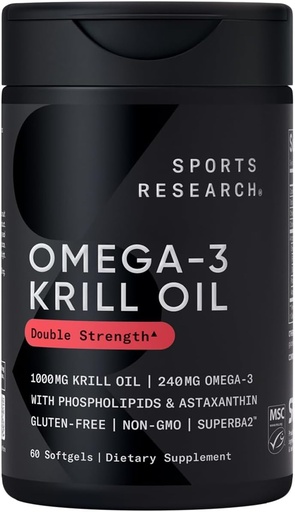 [BRSWIGYZOIGGOFQ5] Sports Research® Omega-3 Krill Oil 1000mg - Pure Antarctic Superba Krill with Phospholipids, Choline & Astaxanthin - MSC Certified Sustainable · Non-GMO · Gluten Free - 60 Softgels