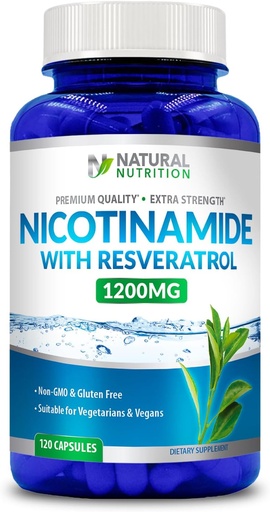[BRSRAZY2AEMGC3TL] Genérico Vitamina Natural Extra Fuerza Nicotinamida con Resveratrol 1200mg (Vitamin B-3) 120 Veggie Capsules Gluten Gratis &amp; No GMO