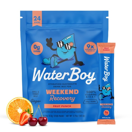 [BRSROYIHOJ6BSHY4] Waterboy - Weekend Recovery, Fruit Punch, Sugar Free Electrolytes Powder Drink Mix - 24ct Hydration Packets