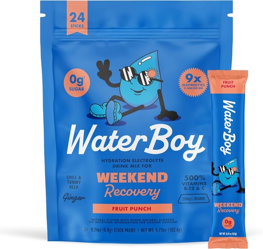 [BRSROYIHOJ6BSHY4] Waterboy Weekend Recovery 3,200mg Electrolyte Порошок Packets Ginger + L-Theanine + Вітаміни Ні Цукор, Всі Природний, Глютен Безкоштовна 24 Пити мікси (Fruit Punch)