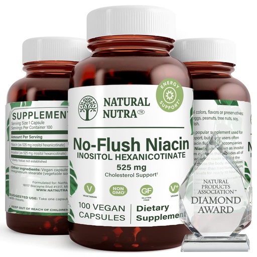 [BRSWGEAEAQBWYDLZ] Natural Nutra No Flush Niacin, Vitamin B3 Supplement, Helps Improve Cardiovascular Health, Helps Improve Skin Texture, Promotes Better Brain Function, Helps Boost Energy Level 525 mg, 100 Capsules