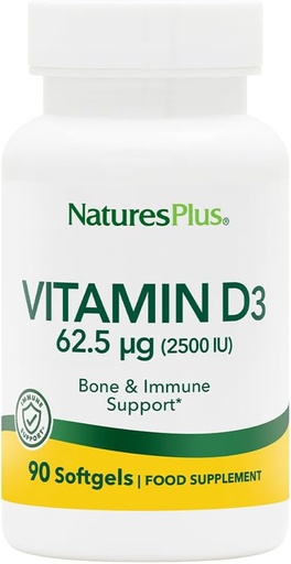 [BRSWIYYAOIDQA332] NaturesPlus Vitamin D3 (Cholecalciferol) - 2500 iu, 90 Softgels - Bone Health, Heart Health & Immune System Support Supplement, Bioavailable Active Form - Gluten-Free - 90 Servings