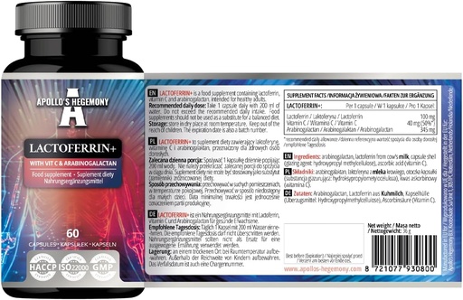 [BRSRAZIYABYWMFDJ] APOLLO'S HEGEMONY Lactoferrin + 100 mg - mit Vitamin C und Arabinogalactan - 60 Vegan Kapseln - 2 Monate Versorgung - für verbesserte Immunität und Eisenabsorption