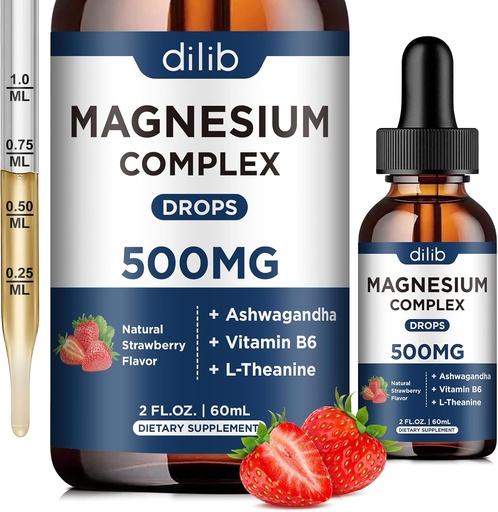 [BRSRO2Q5CIBBU3L6] Triple Magnesio Complejo Suplemento-Magnesium Glycinate, Citrato, Malate Liquid Drops 500mg con Ashwagandha, L-Theanine, Vitamina B6 para Stress Relief, Sleep, Muscle Support-Strawberry Flavor
