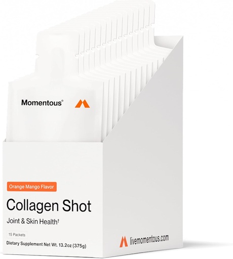 [BRSW2AA5BYPWYFLG] Suplemento Momentous Collagen Shot - Bovine Collagen hidrolizado &amp; Vitamina C para ayudar a la articulación, bonificación, " Salud de tejido conectivo - NSF certificado para el deporte - Mango Orange - 25g/Serving - 15 servicios