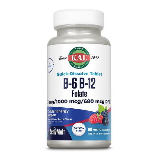 [BRSWIEAZBIDWGGQZ] KAL Vitamin B-6, B-12 & Folic Acid Supplement, Heart Health, Energy & Red Blood Cell Support*, with Vitamin B12 Methylcobalamin & Folate, Natural Berry Flavor, 60 Servings, 60 ActivMelt Micro Tablets
