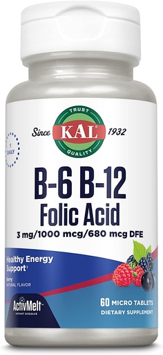 [BRSWIEAZBIDWGGQZ] KAL Vitamin B-6, B-12 & Folna kislina dodatek, Heart Health, Energy & Red Blood Cell Support*, z vitaminom B12 Metilkobalamin & Folat, Natural Berry Flavor, 60 Servings, 60 ActivMelt mikro tablete