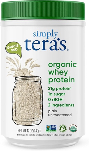 [BRSWIZYPAB7GEALO] Bare tera's Organic Whey Protein Powder - Grass Fed Whey Protein Powder uten kunstige søtningsstoffer, ikke-GMO, Kosher, Glutenfri - Plain Unsweeted 12 Oz.