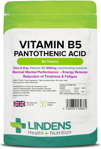 [BRSWIG36O5YAYH3I] Lindens Vitamin B-5 B5 100 x 460mg Tablets (Pantothenic Acid)