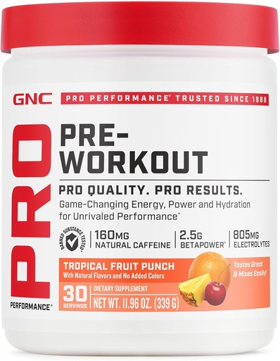 [BRSRAZYEBUPWKA3Z] GNC Pro Performance Pre Workout Порошок для мужчин и женщин, энергия, гидратация, фокусировка, без сахара, без клейковины, добавка для производительности, тропический фруктовый пунш, 30 сервировки