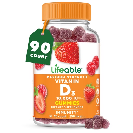[BRSW2H36BNYR63T2] Lifeable Vitamin D3 10000IU | Great Tasting Bone Strength Supplements | Vitamin D3 Gummies for Bone Health | Vitamin D Gummies for Adults, Men, Women | 90 Gummies