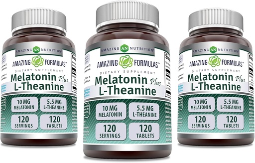 [BRSRAZLYOF4GYYL2] Amazing Formulas Melatonin 10 Mg Plus L-Theanine 5.5 Mg Supplement | 120 Tablets | Non-GMO | Gluten Free | Made in USA | Pack of 3