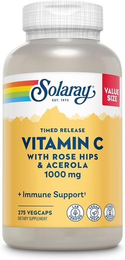 [BRSWGGABO4NWYYI4] SOLARAY-vitamin C 1000mg Tidsindskud med Rose HIPS & Acerola Bioflavonoider, Two-Stage for High Absorption & All Day immunfunktion support, 60 dages garanti, 275 Servere, 275 VegCaps