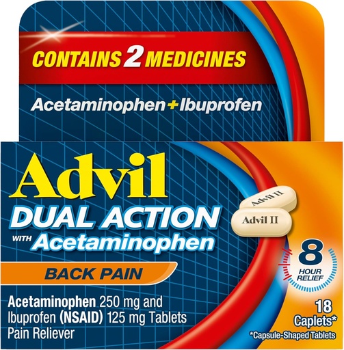 [BRSRMAAHBV5GGDLB] Advil double action Caplets de douleur du dos livre 250mg Ibuprofène et 500mg Acétaminophène par dose pour 8 heures de soulagement de la douleur du dos - 18 Compte