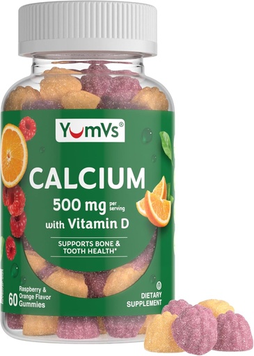 [BRSWYZALCF6AIYDH] YumVs Calcium 500mg with Vitamin D3 - Raspberry & Orange Flavor Calcium Vitamin D Gummies, Chewable Calcium Supplement for Kids & Adults, Vitamin D Calcium Gummies, Kosher Halal Gluten Free (60 Count)