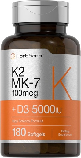 [BRSWGHD6CJYGMF3H] Horbäach Вітамін D3 K2 5000 iu 100mcg MK-7 Комплексний комплекс 180 Softgel Capsules Non-GMO & Gluten Безкоштовна добавка