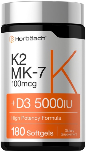 [BRSWGHD6CJYGMF3H] Horbäach Vitamin D3 K2 5000 iu | 100mcg MK-7 Complex | 180 Softgel Capsules | Non-GMO & Gluten Free Supplement