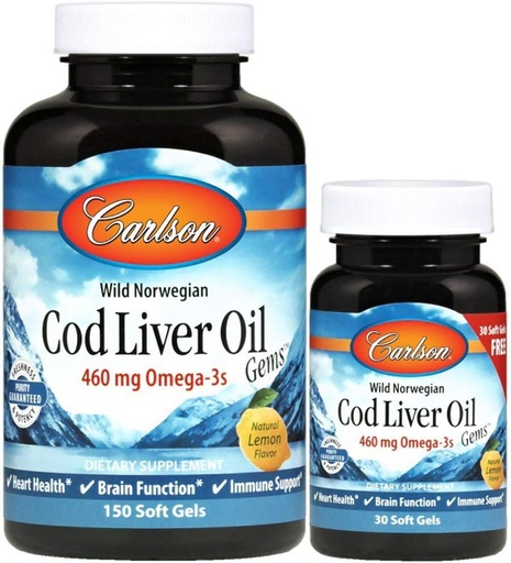 [BRSWIFAQAEFQEHT2] Carlson Laboratories Cod Liver Oil Gems - Lightly Lemon 1000 Milligrams 150+30 Sgels