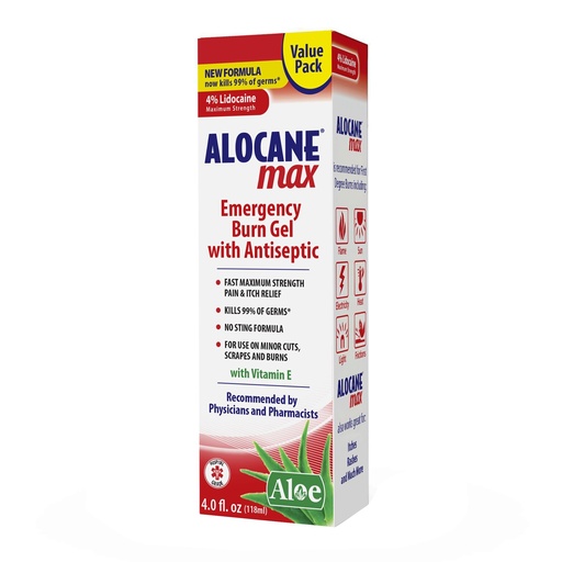 [BRSWYEA6OZ5A4A3J] ALOCANE Max Maximum Strength Emergency Burn Gel With Lidocaine and Antiseptic, 4% Lidocaine, Fast Pain and Itch Relief, Sunburn Relief, Cuts, Scrapes, First Aid Burn Care, 4.0 Fluid Ounce