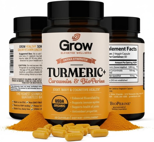 [BRSRMHAHDIIBQDY7] Grow Vitamin Curcumin+ Ultra: Organic High-Potency Blend | Maximum Strength Turmeric Formula with 95% Curcuminoids | USDA Certified | 30-Day Supply