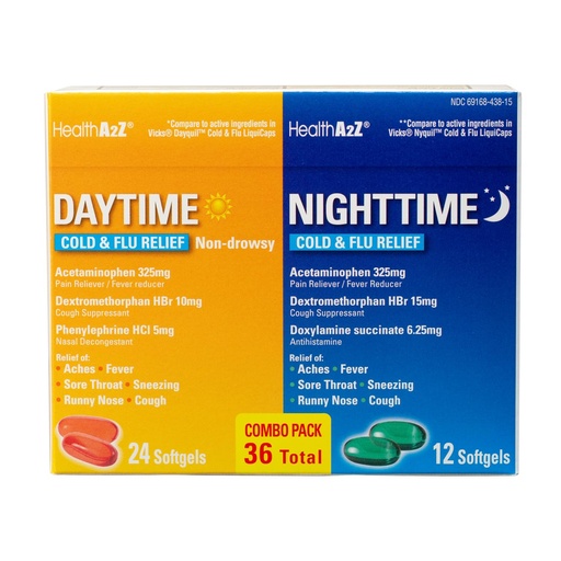 [BRSRO2YDDEJRADLF] HealthA2Z® Daytime and Nighttime | Cold & Flu Medicine | Powerful Multi-Symptom Relief (24 Daytime & 12 Nighttime Softgels) (Combo (36 Count Pack of 1))