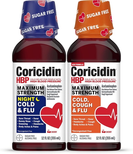 [BRSRMZL3A4HB6D3U] Coricidin HBP Maximum Strength Cold & Flu Day & Night Sugar-Free Liquid Twinpack, Decongestant-Free Cold Medicine for Adults with High Blood Pressure -12 Fl Oz (Pack of 2)
