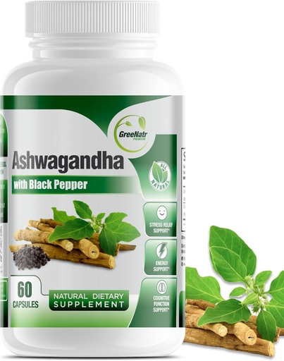 [BRSRMC3YOFYW2ALV] GreeNatr Organic Ashwagandha kapslar med svartpeppar för förbättrad absorption - Mood Enhancer med energi och kognitiv funktion - 1300 mg Veggie kapslar (1 flaska)
