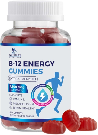 [BRSRMHQHCQFGG3A2] B12 Energy Gummies - 4500 mcg Vitamin B12 Per Serving - Extra Strength Chewable B12 Supplement for Energy, Metabolism & Immune Support - For Women, Men & Kids - Natural & Berry Flavored - 60 Gummies