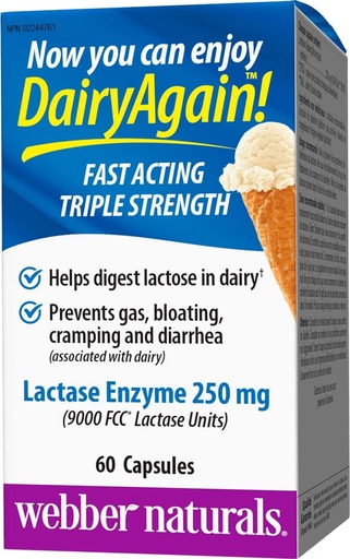 [BRSWGEI3CAAWEADP] Webber Naturals Dairy Again 250mg Lactase Enzyme Triple Strength, 60 Capsules