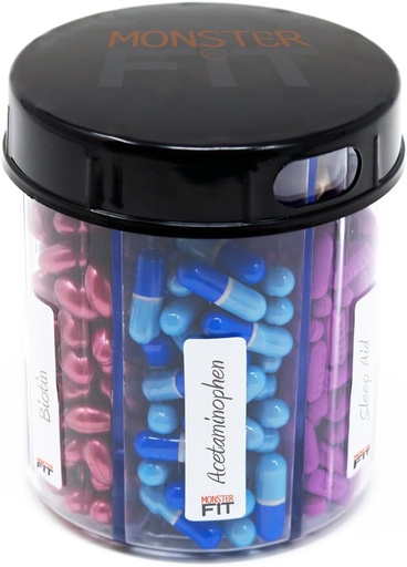 [BRSRAEIZCQBA4FA3] Supplement Pill Dispenser Bottle, 6 Compartment, Labels, Easy Open, Anti-Mixing, Monthly Vitamin Organizer, Monster Fit Jr Medication Holder (Clear, Small)