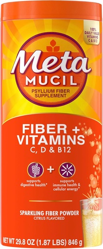 [BRSROAYNCQMB4FDK] Metamucil Sparkling Fiber Supplement + Vitamins, Plant Based Psyllium Husk Powder with Vitamins C, D & B12, Daily Fiber Supplement for Digestive Health, Citrus Flavored, Sugar-Free, 90 Servings