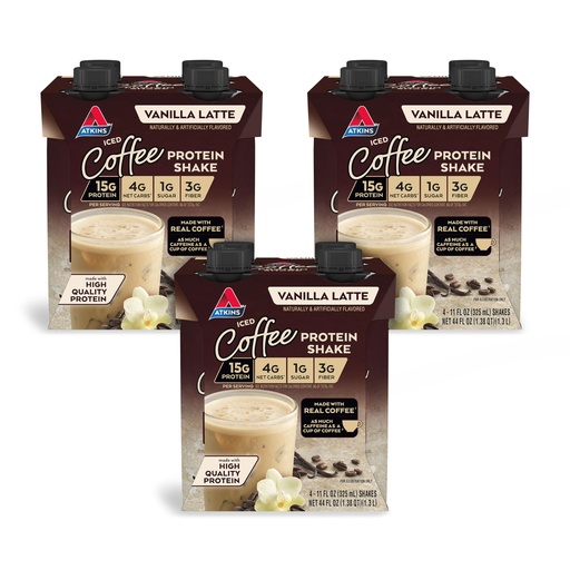[BRSWYFIFBYOWC23X] Atkins Iced Coffee Vanilla Latte Protein Shake, Coffee and Vanilla Flavored, 15g Protein, 4g Net Carbs, 1g Sugar, Low Carb, Keto Friendly, High Protein Shake, 12 Pack (11 fl. oz each)
