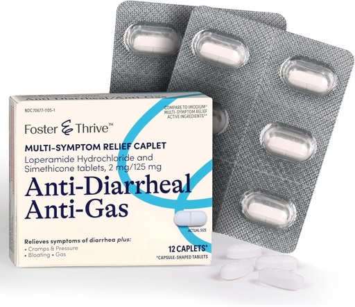 [BRSRAZT4DMNBE23G] Foster & Thrive Loperamide Hydrochloride and Simethicone Anti-Diarrheal Anti-Gas Multi-Symptom Relief, 48 Caplets, Treatment of Diarrhea, Gas, Bloating, Cramps & Pressure, 12 Caplets (Pack of 4)