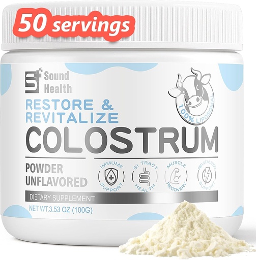 [BRSRAALYDF4AO2D7] SoundHealth Colostrum Supplement Powder for Humans - Organic Bovine Colostrum Supplement for Gut Health, Hair Growth, Beauty, and Immune Support - Unflavored (146g)