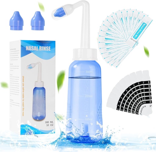 [BRSRMYYEAB4BQD3Z] URAQT Neti Pot, Nasal Rinse Kit Nose Wash Cleaner, 300ml Sinus Rinse Bottle with 20 Nasal Wash Salt Packets and 10 Thermometer Sticker, Pressure Rinse Nasal Irrigation for Adult and Kid BPA Free