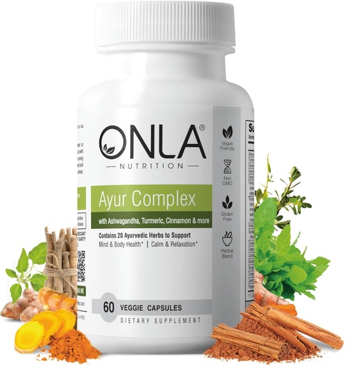 [BRSROAT5DEFGMCL2] ONLA Vegan Ayurveda Herbal Supplements (20-in-1 Herbal Capsules) - Turmeric Supplements with Ashwagandha, Cinnamon, Triphala, Brahmi - Natural Ingredients, Herbal Energy Supplements (60 Cap)