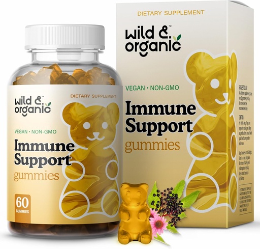 [BRSW2FT3AQCGMFLP] Wild & Organic Immune Support Gummies - Elderberry 1000mg & Vitamin C 500mg - Natural Immune Support Supplement - Vegan Immunity Gummies with Vitamin C D Zinc - 60 Count