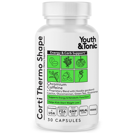 [BRSRMYAYO4NAGC3U] Youth & Tonic Thermogenic Supplement 30 Capsules as Advanced Diet Support for Energy Metabolism Focus for Men and Women with Caffeine Chromium Glucomannan Guarana Hoodia Gordonii
