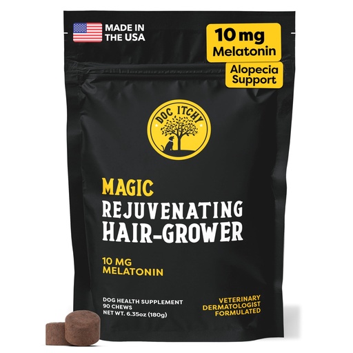 [BRSROYYEOYBGCYL5] Doc Itchy Rejuvenating Hair-Grower Dog Pet Chews | 10mg Melatonin for Dogs | Hair Growth Booster | Senior Dog Energizer | Calming | Medical-Strength | Food Allergy Safe | Made in USA | 90 Count