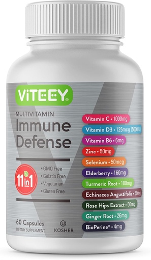 [BRSW2GI5BECWYGTK] Viteey 11 en 1 de gener de suport a l'1 d'Imune Rune, Defensa de Vimina D3, B6, Echinacea, Turmeric, Rose-HIPS, Seleni, BioPerine, Ginger, Elderbera C i Zinc - 60 comte