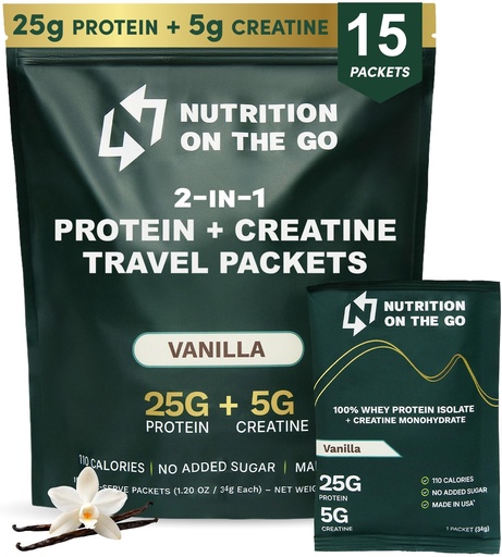 [BRSRAGAROIBR6237] Nutrition On The Go Whey Protein Isolate Packets with Creatine - 25g Protein + 5g Creatine - Single-Serve Travel Protein Powder - 5.9g BCAAs, Keto & Low-Carb, Gluten-Free - Vanilla (15-Pack)
