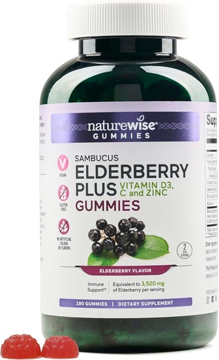 [BRSROBINB55GACTG] NatureWise Sambucus Elderberry Gummies - Immune Support Supplement for Kids Ages 4+ & Adults with Vitamin C, D3, Zinc - Elderberries Equivalent to 3520mg - Vegan, Non-GMO - 180 Count[90-Day Supply]