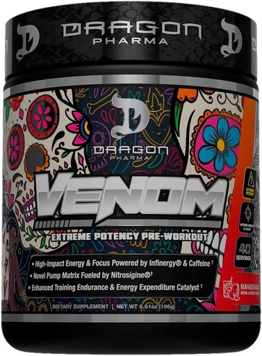 [BRSROZQEBEHRSELL] DRAGON PHARMA Venom Extreme Potency Pre-Workout, Laser Sharp Focus + Energy, Intensive Performance, Доказани съставки за подобряване на вазодилацията и издръжливостта (40 услуги, Mangonada)
