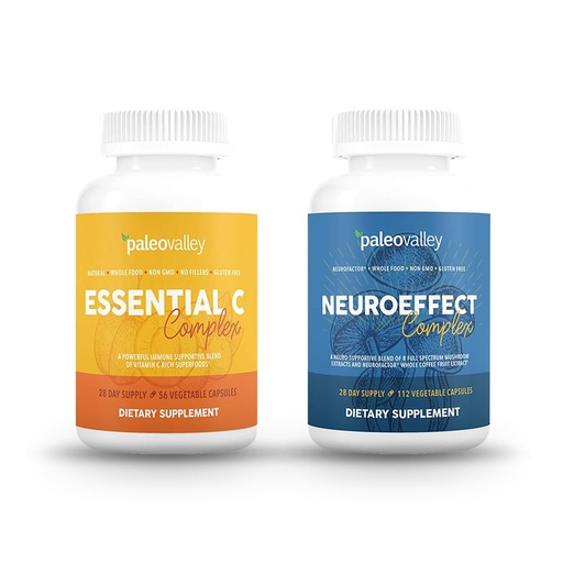 [BRSW22QCBV4AAC3Z] Paleovalley NeuroEffect + Essential C Complex Bundle - Neuro Mushroom Coffee Extract, Vitamin C Supplement 450g Focus, Memory, Energy, Immune Support, Organic Superfoods