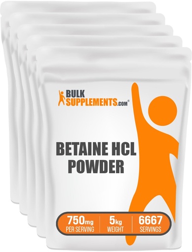 [BRSWIBIHOZ7RC236] BulkSupplements.com Betaine HCl Powder - Betaine Hydrochloride Supplement, Betaine Powder - Betaine 750mg, Digestive Health Support - Gluten Free, 750mg per Serving, 5kg (11 lbs)