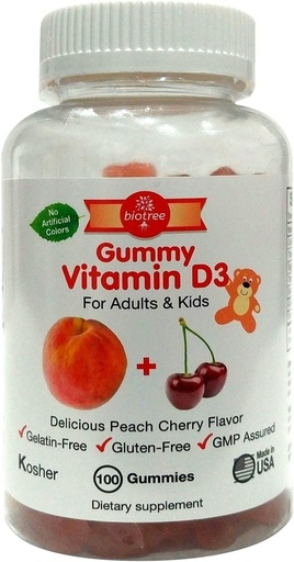 [BRSWKGQ3AQMWIHT6] BioTree Labs Vitamin D Gummy Bears - Pack of 100, for Adults & Kids | Peach & Cherry Flavored Chewable Vitamin D3 | Great for Healthy Bones, Teeth, Immune System, Brain and Nervous System